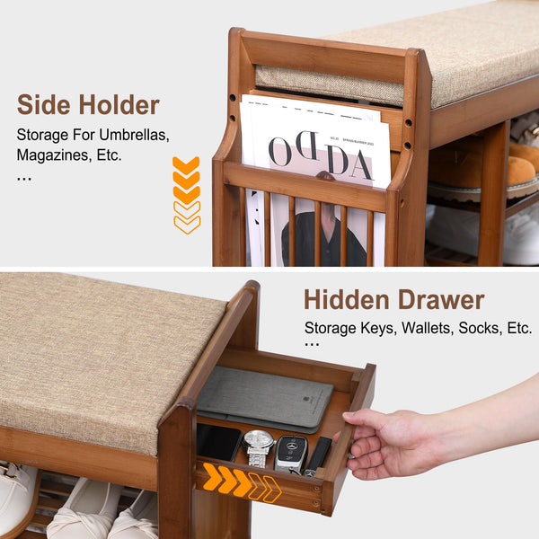 Bamboo Entryway Shoe Storage Bench with Cushion