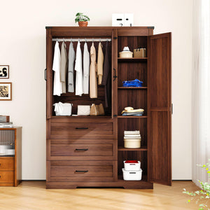Farmhouse Armoire Wardrobe with Drawers & Hanging Rod