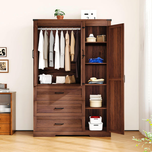 Farmhouse Armoire Wardrobe with Drawers & Hanging Rod
