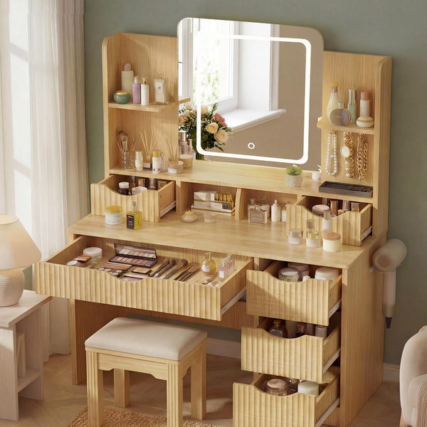Fluted Vanity Desk with LED Mirror & 6 Drawers