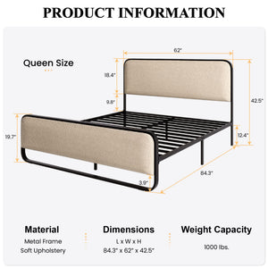 Queen Size Platform Bed Frame with Upholstered Headboard & Footboard