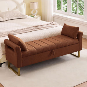 King Size Storage Bench with Arms, Boucle Fabric, Gold Legs, 2 Pillows