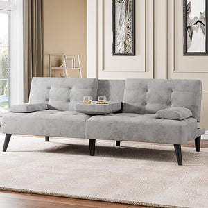 Convertible Futon Sofa Bed with Cup Holders & Adjustable Backrest
