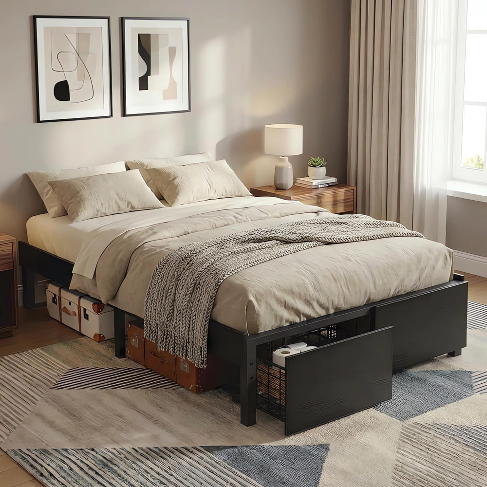 Bed Frame with 2 Storage Drawers and Wooden Slats, No Box Spring Needed