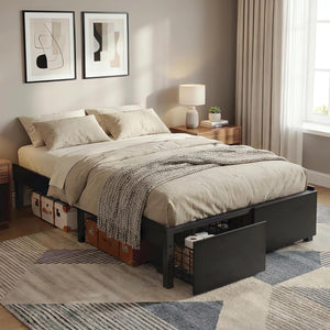 Bed Frame with 2 Storage Drawers and Wooden Slats, No Box Spring Needed