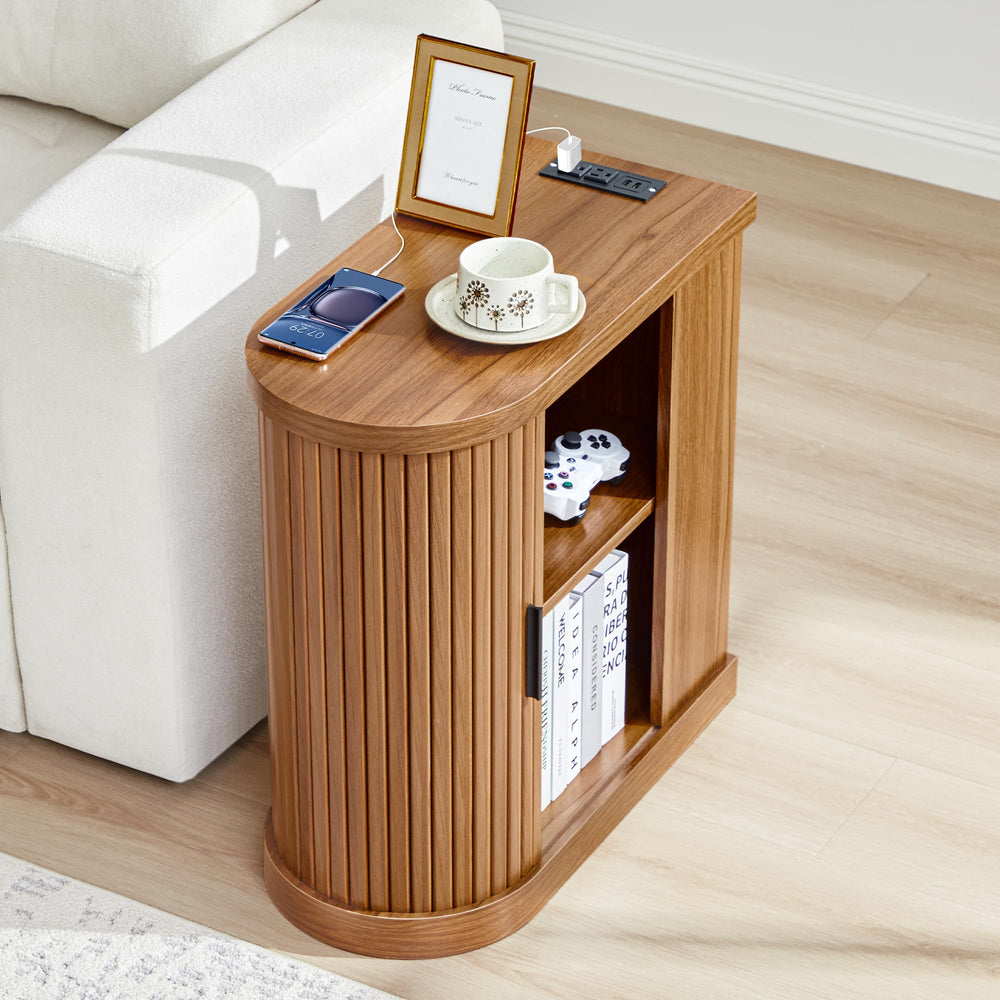 Narrow End Table with Charging Station, Door & Shelf – Walnut