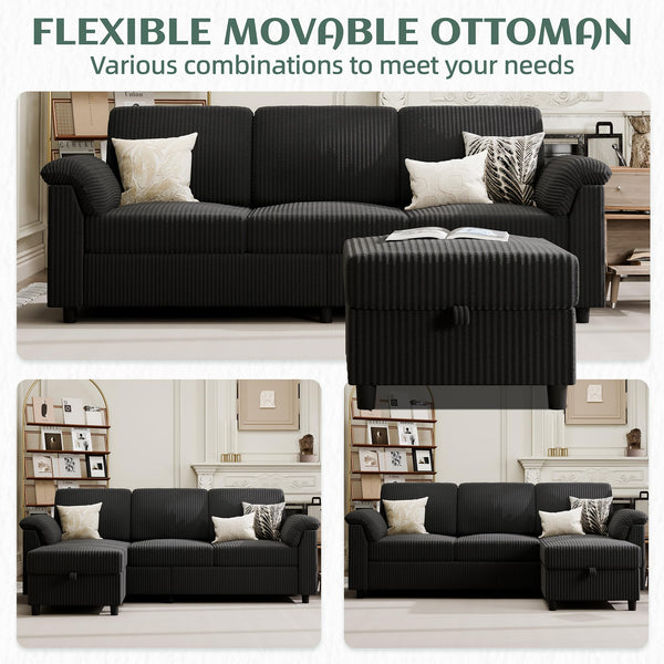 L-Shaped Sectional Sofa with Ottoman & Removable Pillows