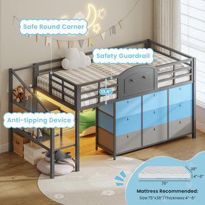 Kids Low Loft Bed with Storage Drawers and LED Lights