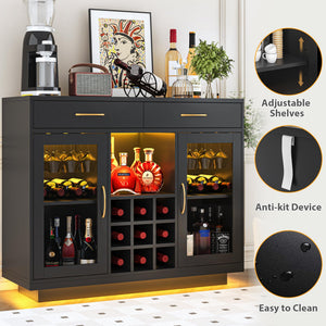 Wine Bar Cabinet with LED Lights & Glass Rack