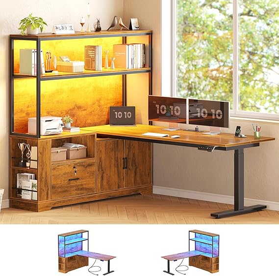 L-Shaped Electric Standing Desk with Storage