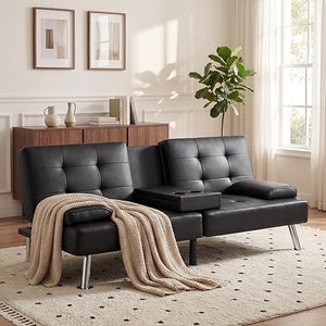 Convertible Futon Sofa Bed with Adjustable Backrest & Armrest