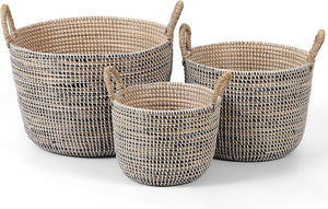 Seagrass Storage Basket Set of 4 – 2 Round & 2 Square Woven Bins with Handles