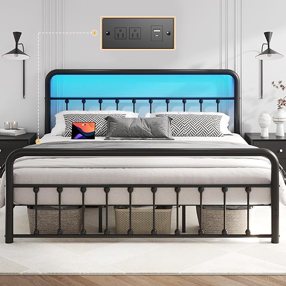 Metal Platform Bed Frame with LED Lights & Charging Station