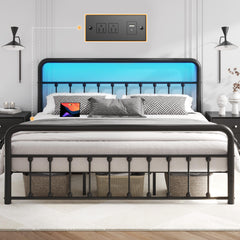 Metal Platform Bed Frame with LED Lights & Charging Station