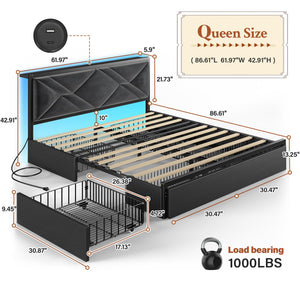 Queen Bed Frame with Storage Drawers, LED Lights & Charging Station