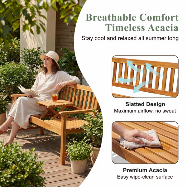 Acacia Wood Outdoor Bench with Pull-Out Center Table