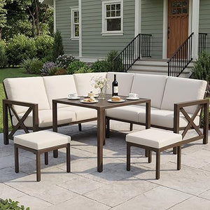 6-Piece L-Shape Outdoor Patio Sectional Sofa Set with Metal Frame & Olefin Cushions
