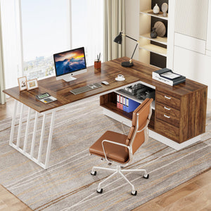 L-Shaped Executive Desk with File Cabinet & Storage