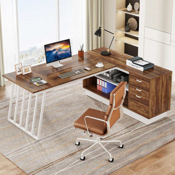 L-Shaped Executive Desk with File Cabinet & Storage