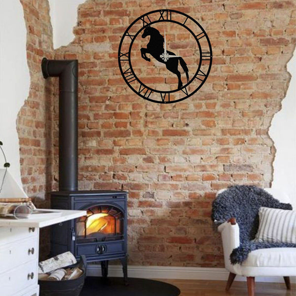 Round Metal Wall Clock – Horse Design, Indoor Outdoor, 19.69"