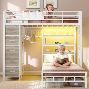 L-Shaped Metal Bunk Bed Twin Over Twin with Storage Drawers, Charging Station & LED Lights