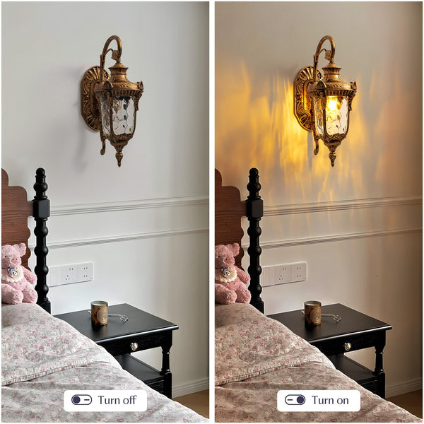 Rustic Outdoor Wall Sconce Lantern – Antique Bronze Wrought Iron with Hammered Glass