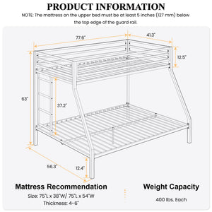Twin Over Full Metal Bunk Bed with Ladder and Guardrail