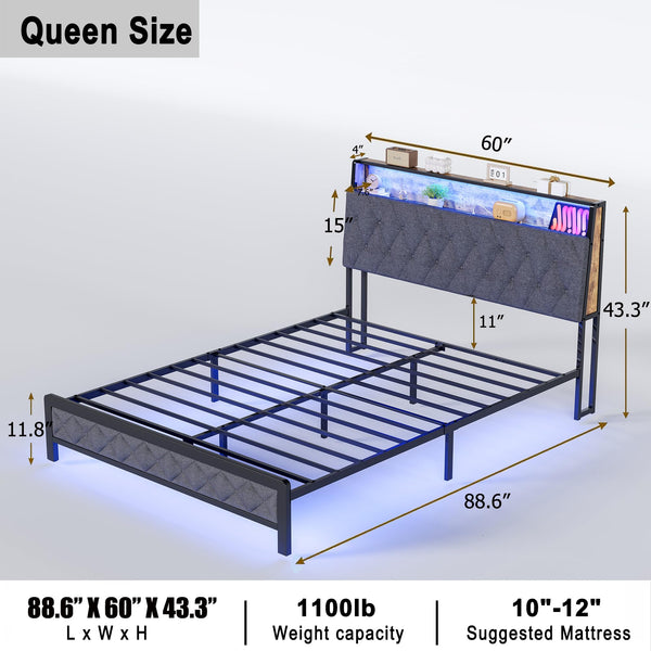 Queen Size Upholstered Bed Frame with LED Lights & Storage Headboard