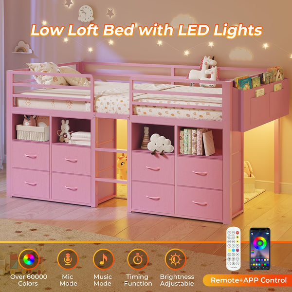 Low Loft Bed Twin with 8 Storage Drawers, Bookcase & LED Lights