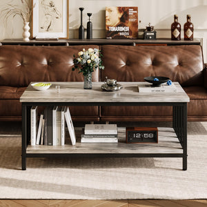 2-Tier Farmhouse Coffee Table with Slatted Sides & Metal Frame