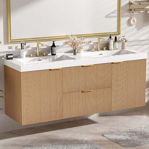 Floating Double Sink Bathroom Vanity with SMC Resin Top & Wood Cabinet