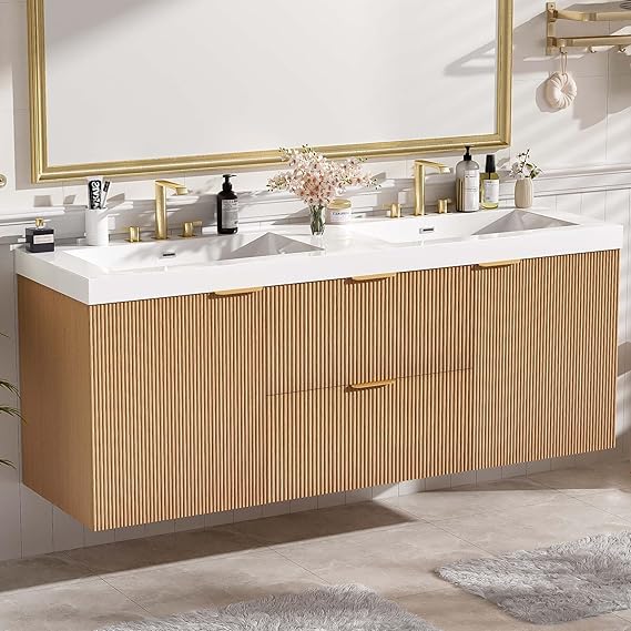 Floating Double Sink Bathroom Vanity with SMC Resin Top & Wood Cabinet