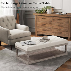 Rectangular Tufted Ottoman Coffee Table with Storage Shelf
