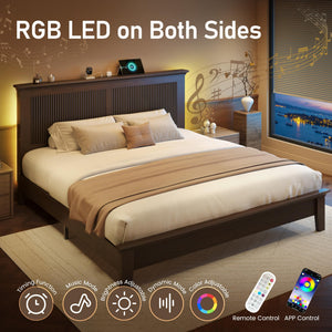 Solid Wood Bed Frame with Tall Headboard, Charging Station & RGB LED