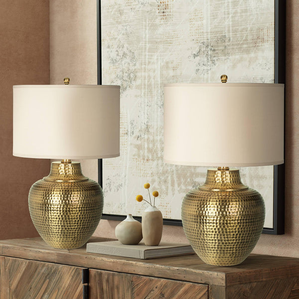 Rustic Farmhouse Table Lamps 27" Tall, Set of 2 – Antique Brass, Cream Linen Drum Shade
