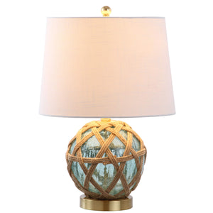 Aqua Glass & Rope Nautical Table Lamp with White Linen Drum Shade