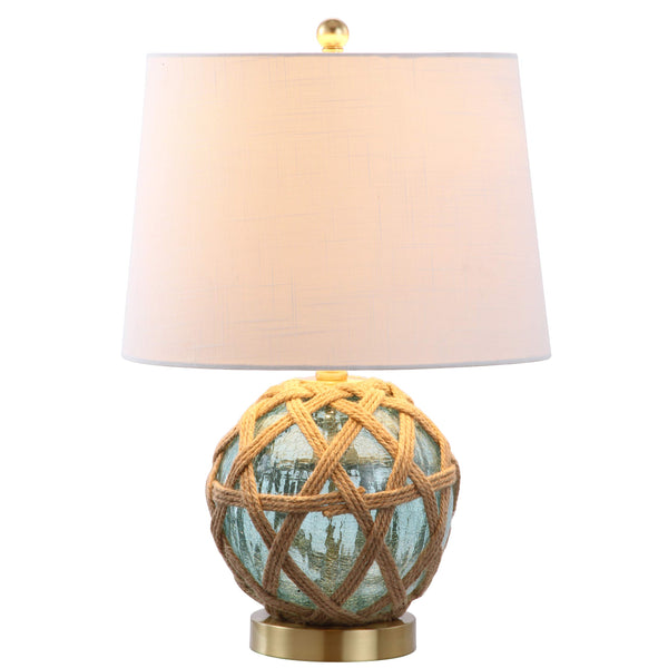 Aqua Glass & Rope Nautical Table Lamp with White Linen Drum Shade