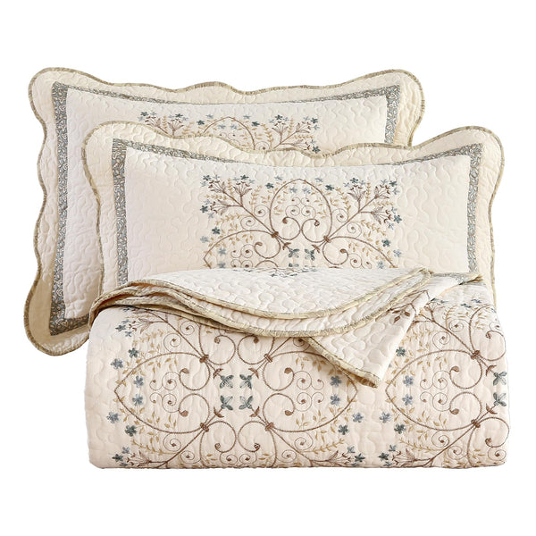 Floral Embroidered Quilt Set – 3-Piece Cotton Bedding with Pillow Shams