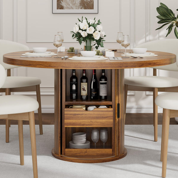 47 Inch Round Dining Table with Storage Shelf & Drawer — Seats 4 to 6