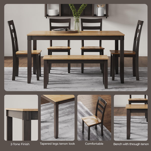 6-Piece Casual Dining Set with Table, Bench & 4 Ladderback Chairs