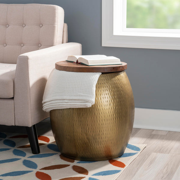 Hammered Metal Storage Drum Side Table with Wood Top