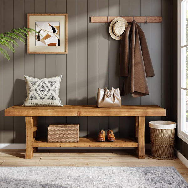 Solid Wood Entryway Bench – 55" Farmhouse Seat