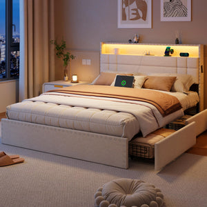 Upholstered Platform Bed Frame with Storage Drawers, LED Lights & Charging Station