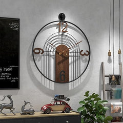 Large Round Wall Clock – Wood & Metal Frame, Silent Non-Ticking