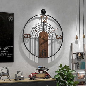 Large Round Wall Clock – Wood & Metal Frame, Silent Non-Ticking