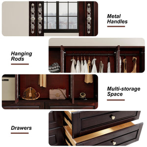4-Door Solid Wood Armoire Wardrobe with Drawers & Hanging Rods