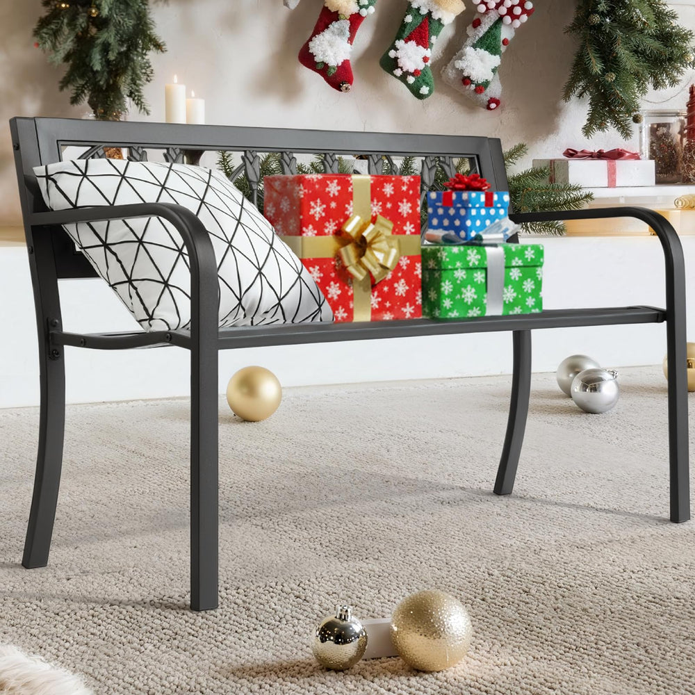 Outdoor Metal Patio Bench with Floral Backrest