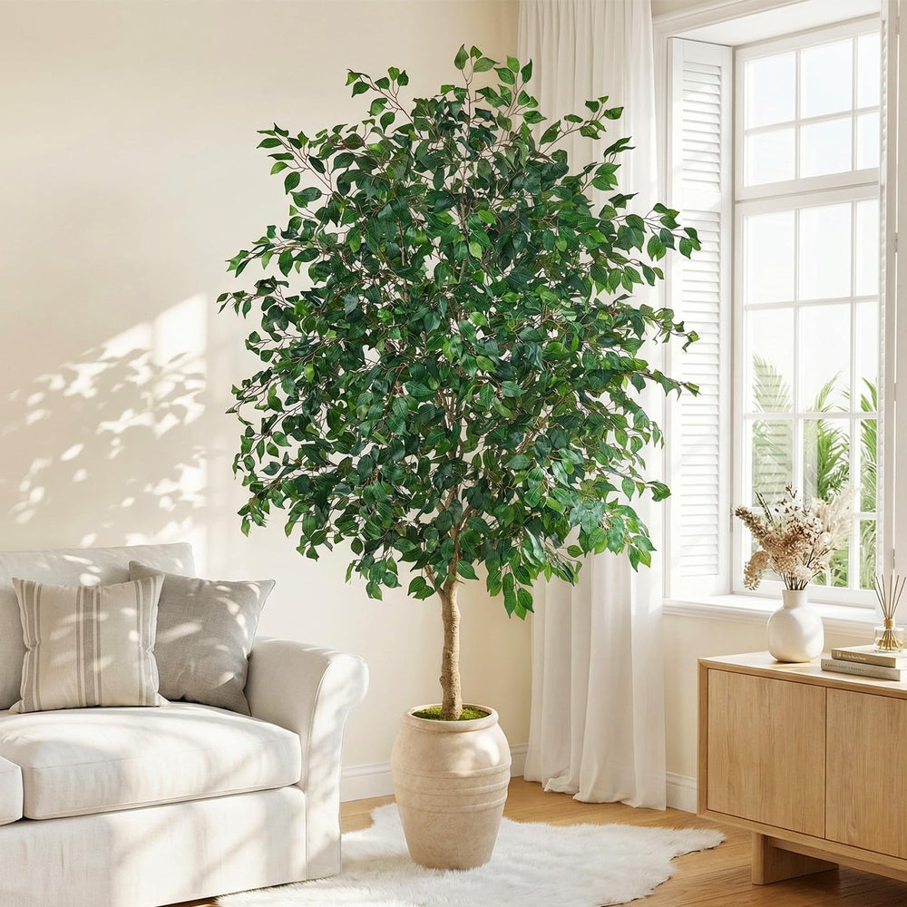 Tall Artificial Ficus Tree with Planter – Silk Leaves Indoor Faux Plant