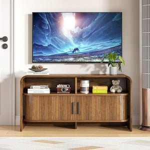 Fluted TV Stand with Sliding Doors & Adjustable Shelves