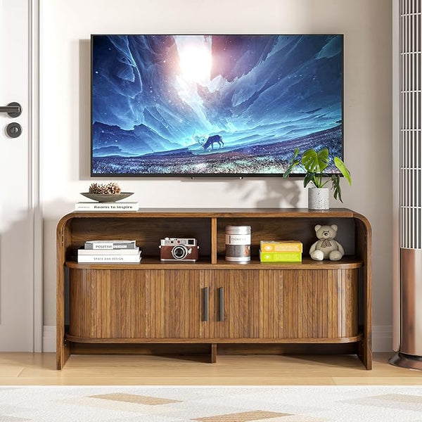 Fluted TV Stand with Sliding Doors & Adjustable Shelves